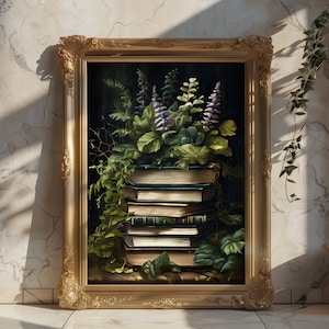 Connaissances oubliées : Pile de livres avec plantes, art mural, Dark Academia, affiche gothique, arts sombres, impression d'art Dark Cottagecore