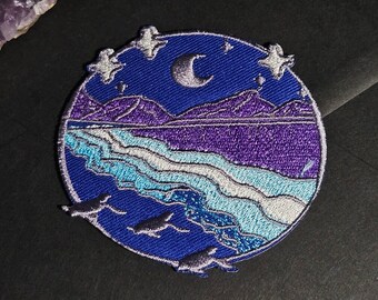 Parche de playa púrpura: cielo estrellado, luna y estrellas, universo, parche cosmos en púrpura/azul, bordado, parche de hierro, parche de calidad