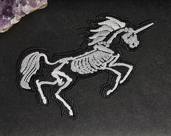 Skeleton Unicorn Dark Patch: Patch in Black and White, Embroidered, Iron-On Patch, Punk, Gothic, Victorian, Dark Art Patch, Quality Patch