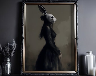 Woman with Rabbit Mask: Sect, Occult Art, Gothic, Victorian, Witchcraft Mural, Dark Academia, Quality Art Print