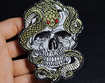 Large Skull Snake Patch: Skeleton Patch, Embroidered, Iron-On, Punk, Gothic, Creative Goth Patch, Quality Patch
