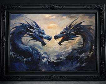 The Water Dragon Watercolor: Dark Art Print, Fantasy Dragon Wall Art, Drawing, Gothic, Dark Academia Poster, Victorian Painting