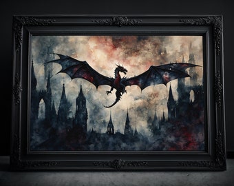 Dragon in Watercolor: Dark Art Print, Fantasy Dragon Wall Art, Drawing Decor, Gothic, Dark Academia Poster, Victorian Painting