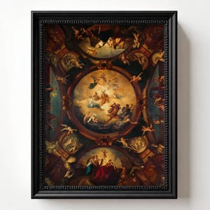 Könnte beinhalten: Ein rechteckiger Wandkunstdruck mit einem klassischen Ölgemälde einer himmlischen Szene mit zahlreichen Figuren, Putten und mythologischen Elementen in einer kreisförmigen Komposition, eingefasst in einen dekorativen schwarzen verzierten Rahmen.