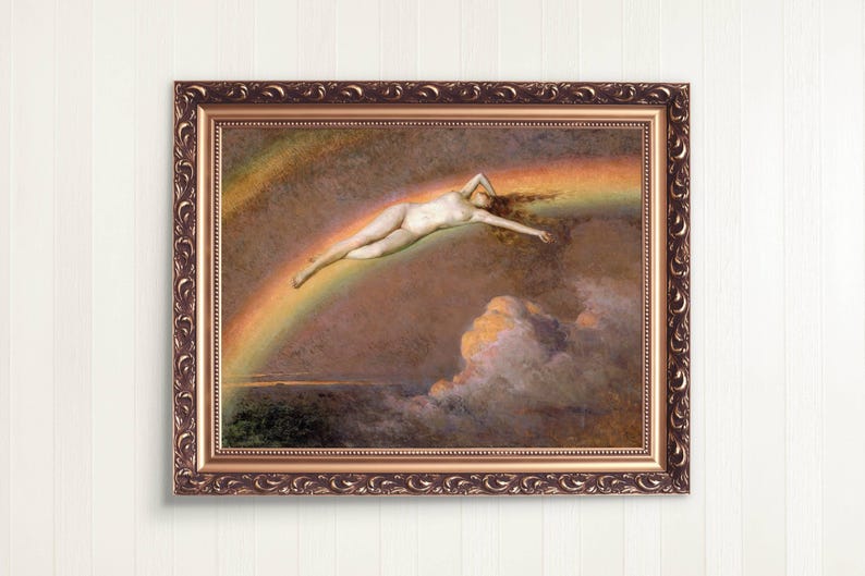 Könnte beinhalten: Ein gerahmtes Kunstwerk zeigt eine nackte Figur auf einem Regenbogen. Das Gemälde zeigt eine Frau mit langem Haar vor dem Hintergrund von Wolken und einem farbenfrohen Regenbogen. Der Rahmen hat eine verzierte braune Oberfläche.