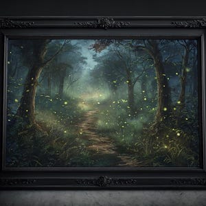 Wald der Glühwürmchen Kunstdruck: Fantasy Wald, Dark Cottagecore, Moody botanische Kunst, Zauberwald Goth Poster, Kräftige Farben Wandbild