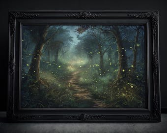 Forest of Fireflies Art Print: Fantasy Forest, Dark Cottagecore, Moody Botanical Art, Enchanted Forest Goth Poster, Bold Colors Wall Art