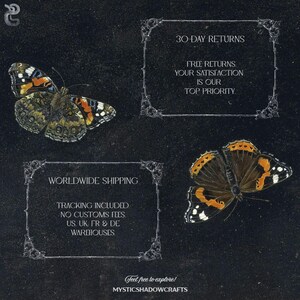 May include: Dark background with two detailed butterfly illustrations. The butterflies have brown, orange, white, and black markings. Text in ornate frames reads "30 Day Returns" and "Worldwide Shipping". The text "Feel free to explore! MYSTICSHADOWCRAFTS" is also present.