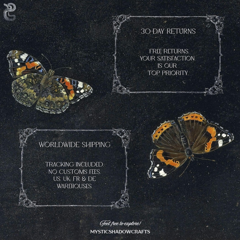 May include: Dark background with two detailed butterfly illustrations. The butterflies have brown, orange, white, and black markings. Text in ornate frames reads "30 Day Returns" and "Worldwide Shipping". The text "Feel free to explore! MYSTICSHADOWCRAFTS" is also present.