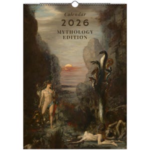 Calendario mitológico 2026 con leyendas griegas clásicas, pinturas de dioses antiguos y escenas heroicas como decoración artística de pared vintage.