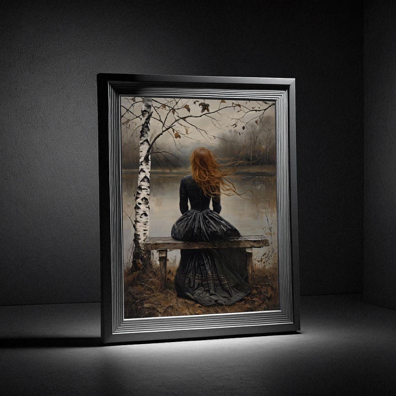 Alone at the Lake Painting Victorian Decor, Goth Dark Art Print