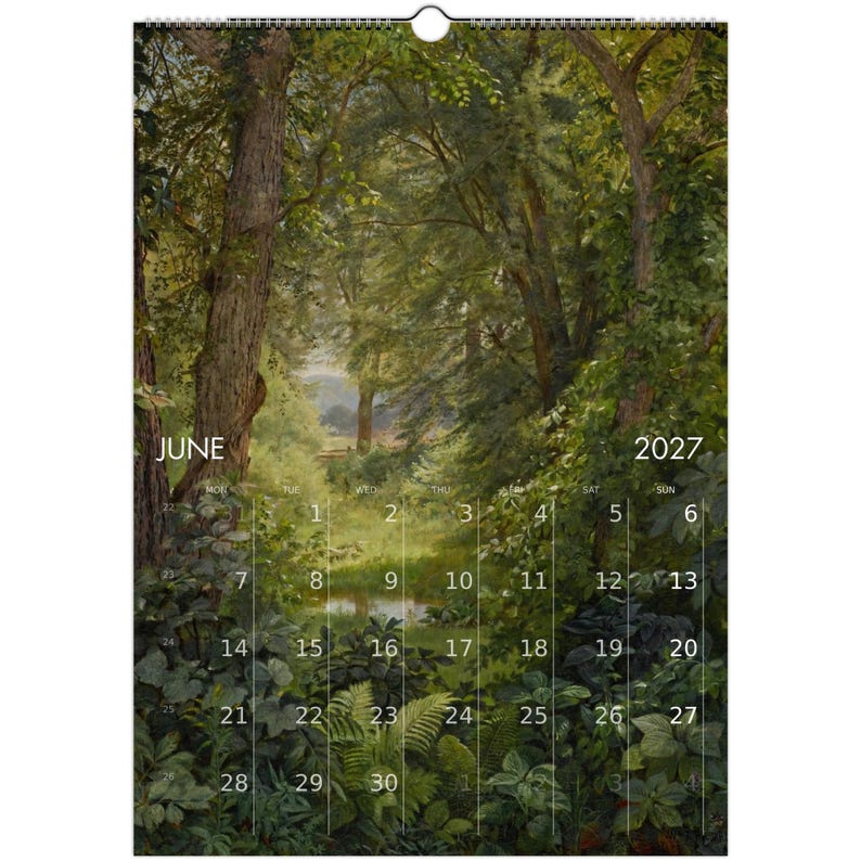 Calendario da parete "Foresta Tranquilla" 2027 con paesaggio sereno in stile olio per un arredamento vintage dark cottagecore, calendario con arte naturalistica malinconica immagine 8