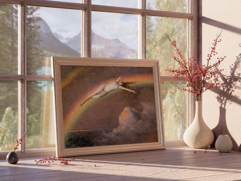 May include: A framed artwork depicts a nude figure floating on a rainbow. The artwork is in a light wood frame and rests on a wooden surface near a window. A vase with red berries and a small black vase with red berries are also on the surface.