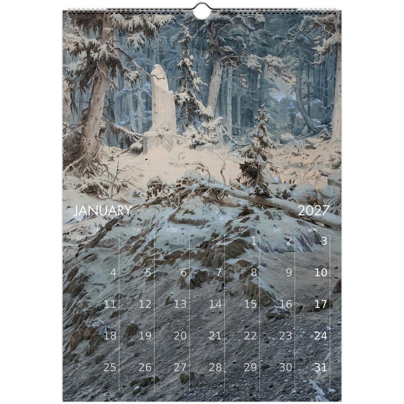 Calendario da parete "Foresta Tranquilla" 2027 con paesaggio sereno in stile olio per un arredamento vintage dark cottagecore, calendario con arte naturalistica malinconica immagine 3