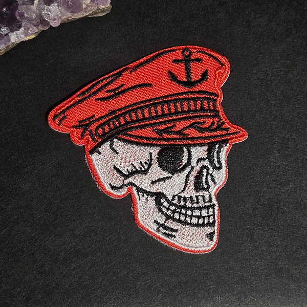 Skeleton Capitaine Dark Patch: Skeleton Patch in White/Red, Embroidered, Iron-On, Punk, Gothic Patch, Dark Arts, Quality Patch