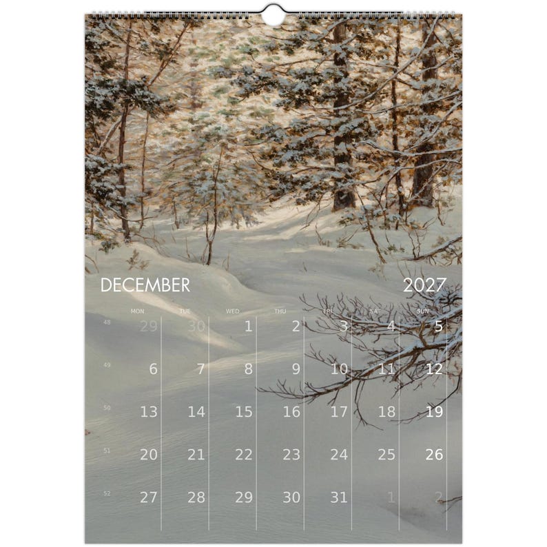 Calendario da parete "Foresta Tranquilla" 2027 con paesaggio sereno in stile olio per un arredamento vintage dark cottagecore, calendario con arte naturalistica malinconica immagine 14