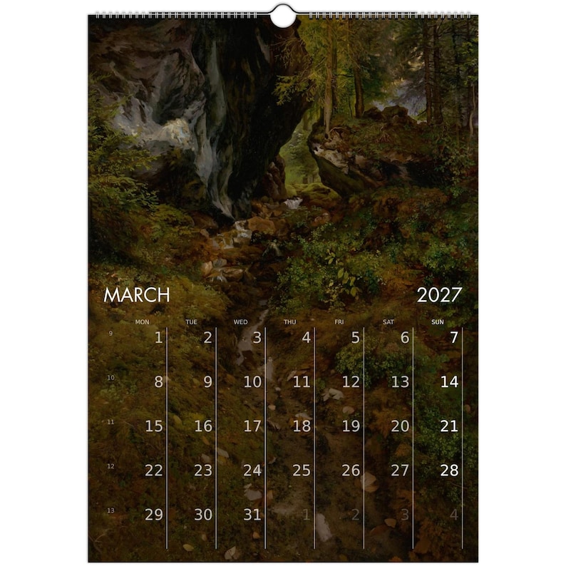 Calendario da parete "Foresta Tranquilla" 2027 con paesaggio sereno in stile olio per un arredamento vintage dark cottagecore, calendario con arte naturalistica malinconica immagine 5