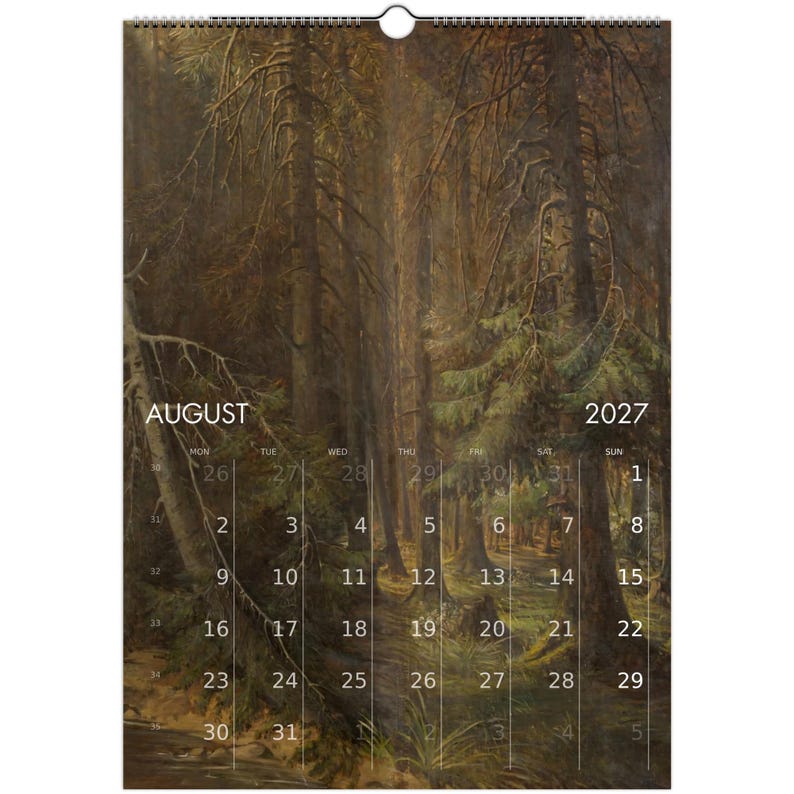 Calendario da parete "Foresta Tranquilla" 2027 con paesaggio sereno in stile olio per un arredamento vintage dark cottagecore, calendario con arte naturalistica malinconica immagine 10