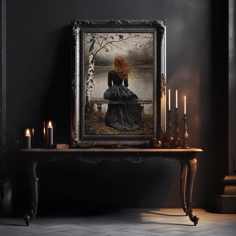 Alone at the Lake Painting Victorian Decor, Goth Dark Art Print