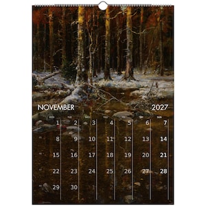 Calendario da parete "Foresta Tranquilla" 2027 con paesaggio sereno in stile olio per un arredamento vintage dark cottagecore, calendario con arte naturalistica malinconica immagine 13