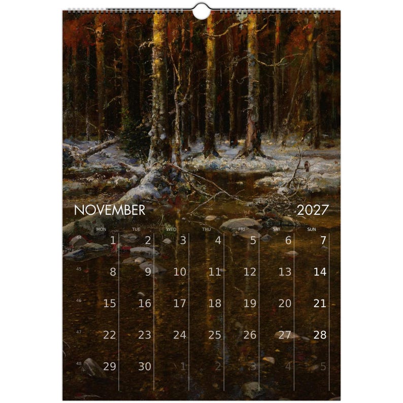 Calendario da parete "Foresta Tranquilla" 2027 con paesaggio sereno in stile olio per un arredamento vintage dark cottagecore, calendario con arte naturalistica malinconica immagine 13