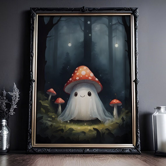 Kleines Wald-Gespenst mit Pilzhut: Süßes Geister Poster, Niedliches Horror Spooky Wandbild, Schweres Papier mit kräftigen Farben