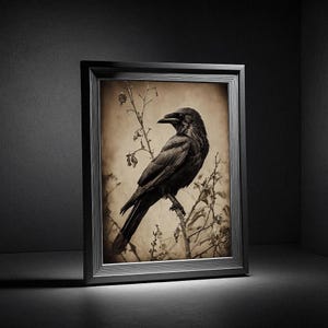 May include: A black crow perched on a branch with a sepia toned background. The crow is facing to the right and has its wings folded. The branch is bare and has small buds on it.