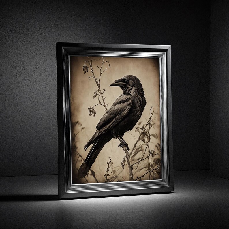 May include: A black crow perched on a branch with a sepia toned background. The crow is facing to the right and has its wings folded. The branch is bare and has small buds on it.