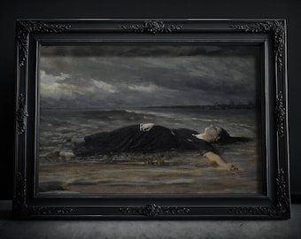 The Drowned Woman art print on the gloomy beach as a death-like painting in Victorian style for Gothic and Dark Academia wall decoration