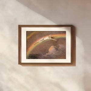 May include: Framed art print featuring a classical painting of a nude figure floating through a rainbow. The artwork is set against a backdrop of clouds and a muted, earthy color palette. The frame is a warm brown.