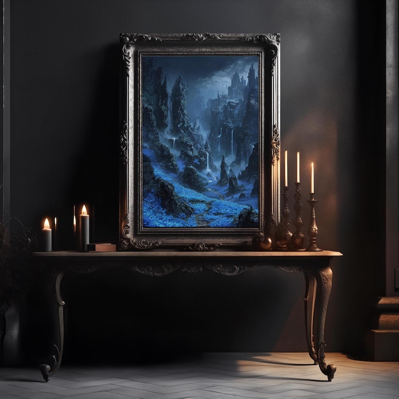 Blue Flowers Fantasy Landscape Wall Art Wicca, Witchcraft, Witchy