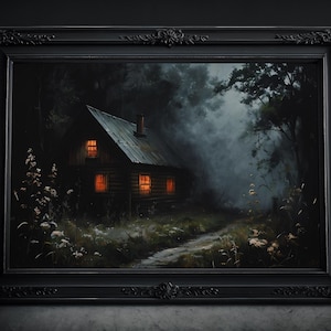 Mysteriöse Hütte im Wald Gemälde: Dark Cottagecore, Witchy Poster, Schwarze Künste Wandbild, Gothic, Düsteres Dark Art Academia Kunstdruck
