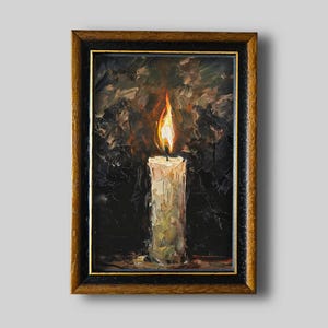 May include: Oil painting of a lit candle in a dark setting, framed in a wooden frame. The candle is white with a yellow and orange flame. The background is dark with textured brushstrokes.