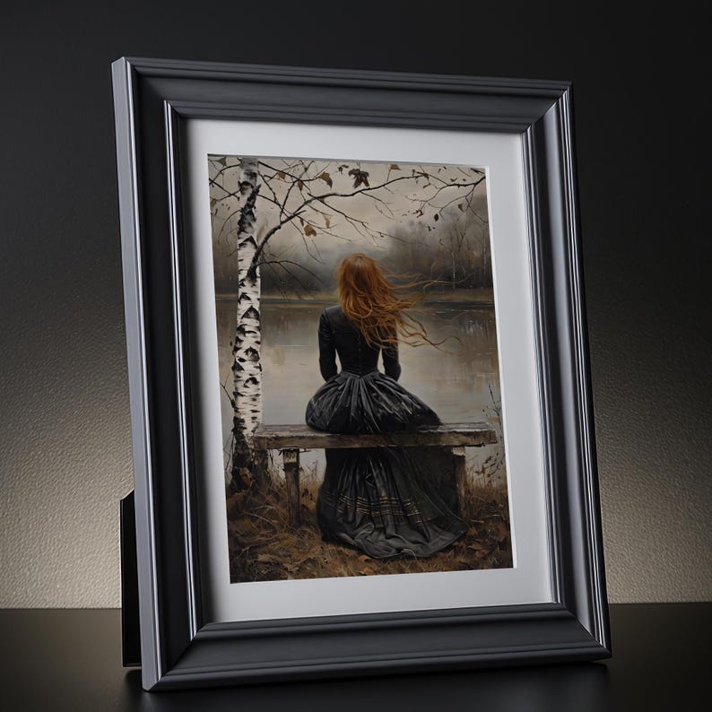Alone at the Lake Painting Victorian Decor, Goth Dark Art Print