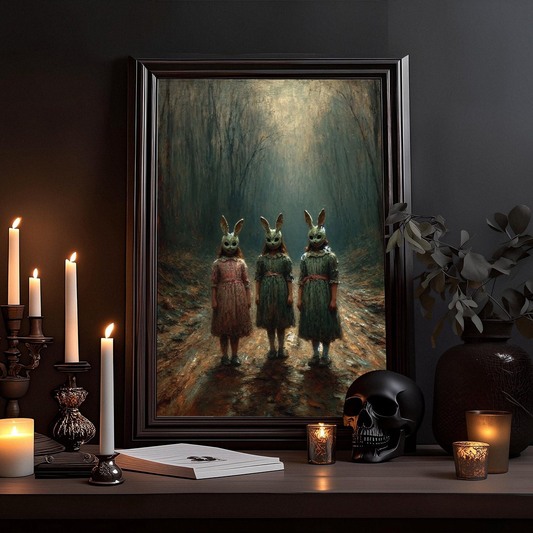 Girl With Rabbit Masks Oil Drawing: Heavy Paper, Dark Academia, Gothic ...
