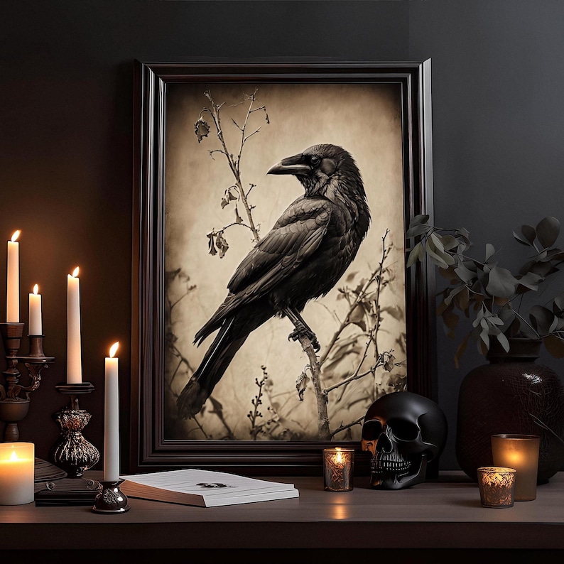 May include: A framed sepia-toned print of a black raven perched on a branch. The raven is facing right and has its wings spread. The background is a blurred image of trees and leaves.