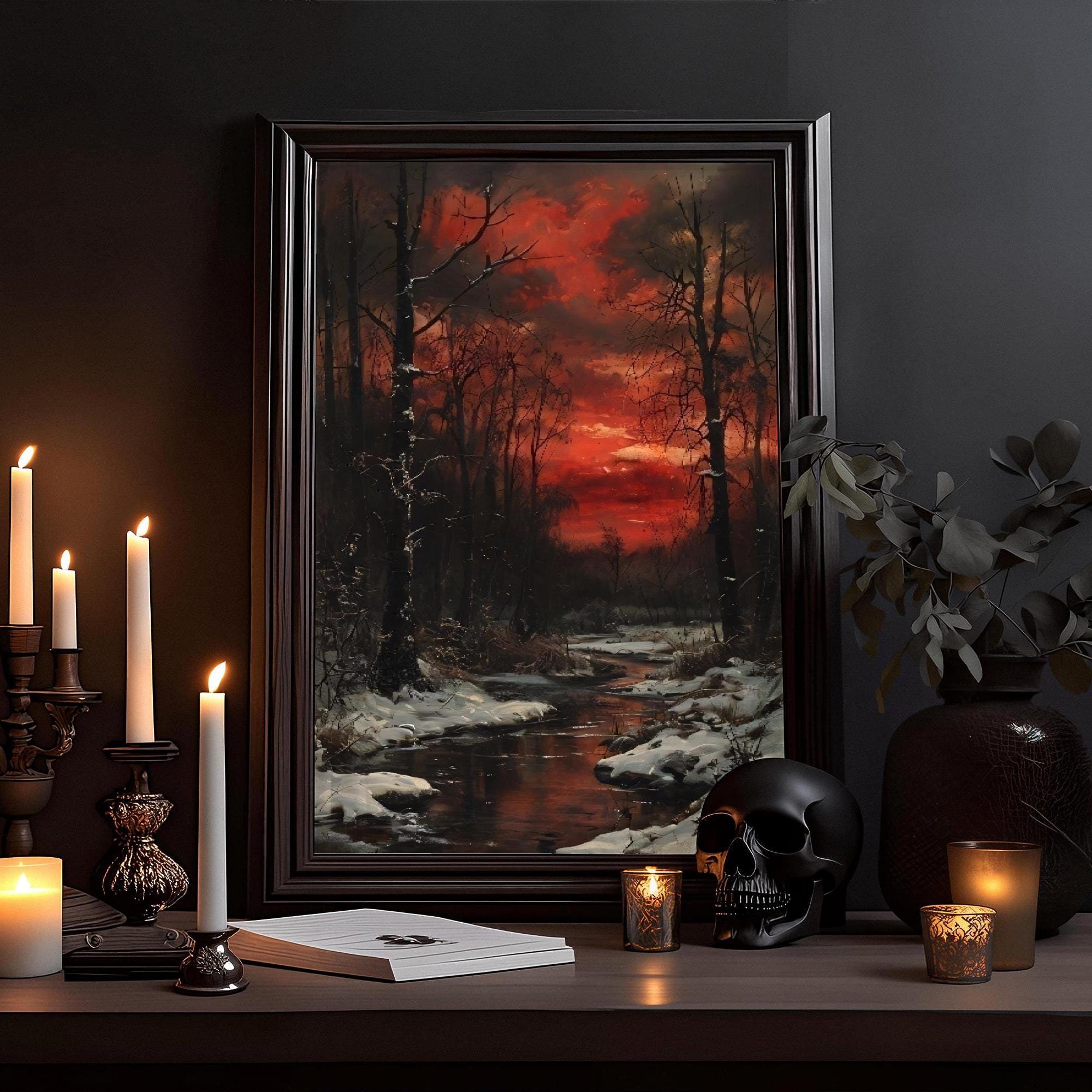 Red Twilight Oil Painting: Melancholic Picture, Nature Impressionism Drawing, Dark Academia, Gothic Poster, Strong Colors Wall Art