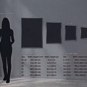 May include: Image showing a size chart for framed artwork. Includes EU and US standards with dimensions in inches and millimeters. The chart displays sizes from A0 (30 x 40 in) to A4 (8 x 10 in). A silhouette of a person is included for scale.
