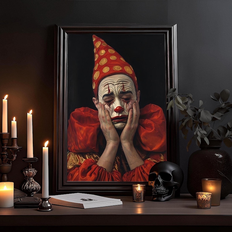 Sad Clown Painting: Horror Vintage Poster, Dark Arts, Gloomy Occult ...