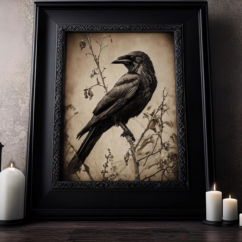 May include: A black crow perched on a branch with a sepia toned background. The crow is facing to the left and has its wings folded. The background is blurred and has a vintage feel.