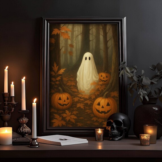 Halloween Geist Kunstdruck im Vintage Stil mit Kürbissen im herbstlichen Wald als süß gruseliges Wandbild für Herbstdeko und Spooky Season