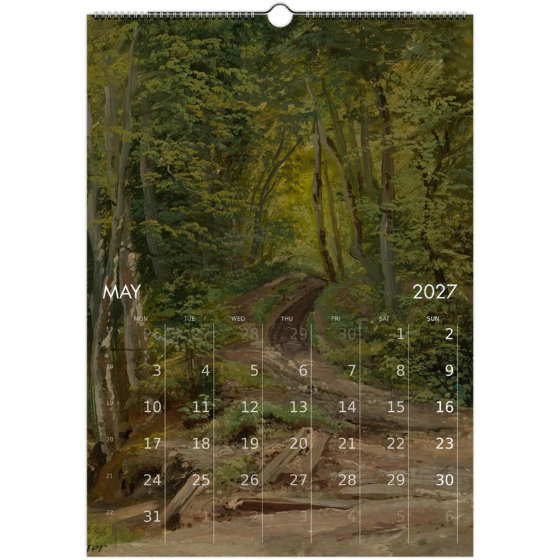 Calendario da parete "Foresta Tranquilla" 2027 con paesaggio sereno in stile olio per un arredamento vintage dark cottagecore, calendario con arte naturalistica malinconica immagine 7