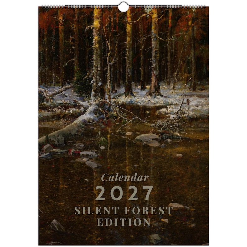 Calendario da parete "Foresta Tranquilla" 2027 con paesaggio sereno in stile olio per un arredamento vintage dark cottagecore, calendario con arte naturalistica malinconica immagine 17