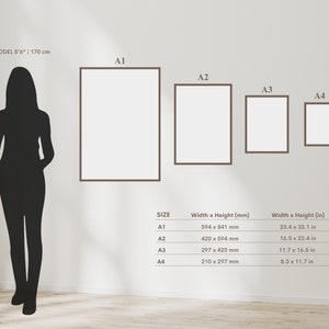 May include: A chart showing the different sizes of paper, labeled A1, A2, A3, and A4. The measurements are listed in both millimeters and inches.