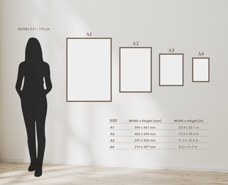 May include: A chart showing the different sizes of paper, labeled A1, A2, A3, and A4. The measurements are listed in both millimeters and inches.