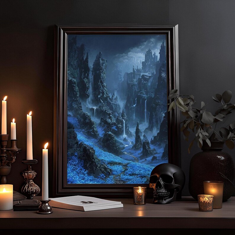 Blue Flowers Fantasy Landscape Wall Art Wicca, Witchcraft, Witchy