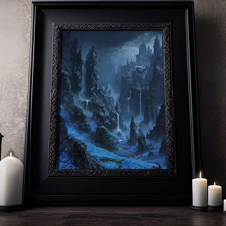 Blue Flowers Fantasy Landscape Wall Art Wicca, Witchcraft, Witchy