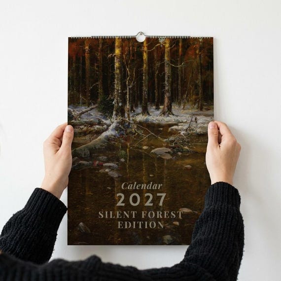 Stiller Wald Wandkalender 2027 mit Ruhiger Landschaft Öl-Stil Kunst für Dark Cottagecore Vintage Einrichtung, Moody Natur Kunst Kalender