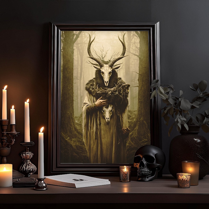 May include: A framed artwork depicts a figure with a deer skull head and antlers, wearing a fur-lined cloak, set against a misty forest backdrop. The scene is illuminated by several lit candles and a black skull, creating a gothic and mystical ambiance.