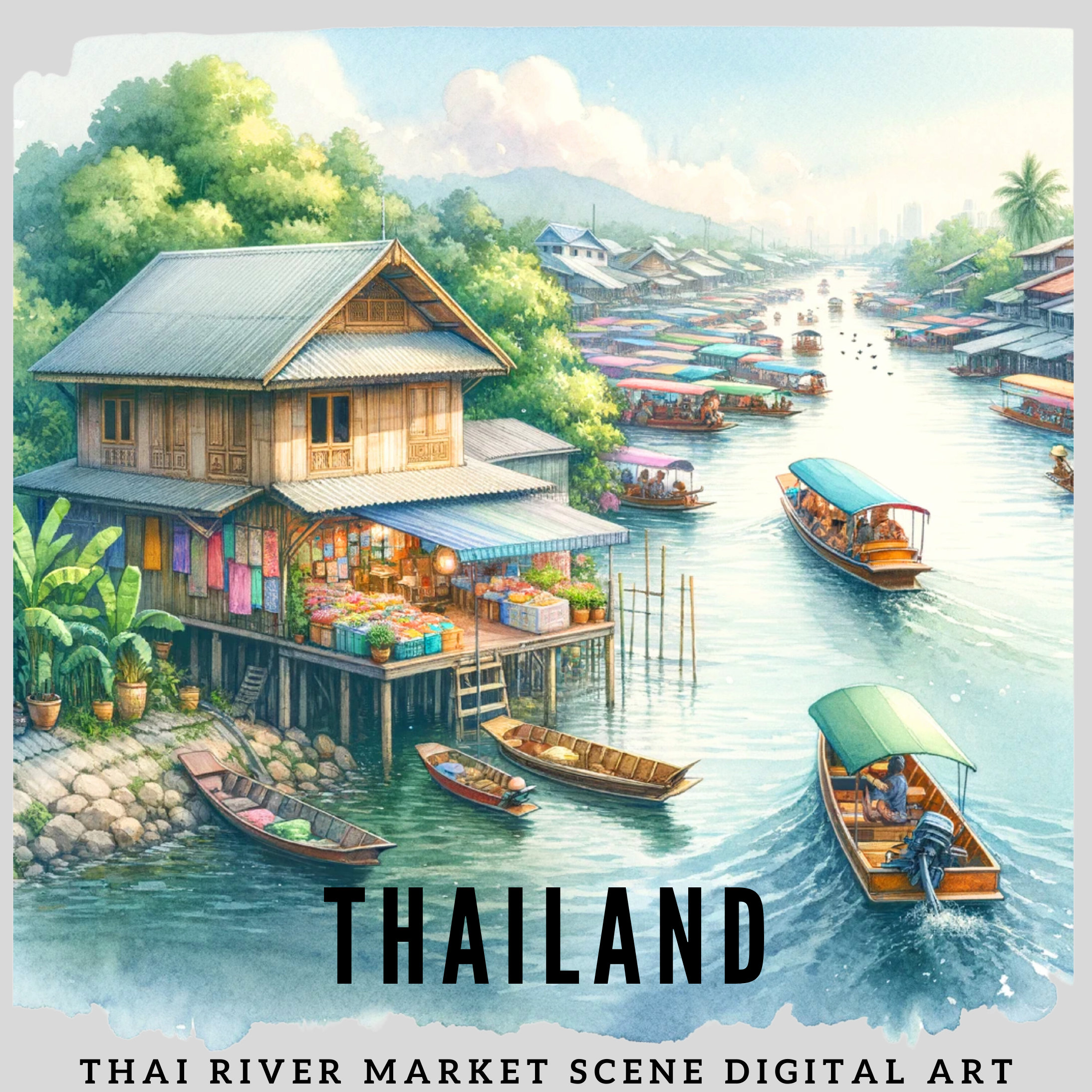 Thai River Market Watercolor Clipart|digital House Art Print ...